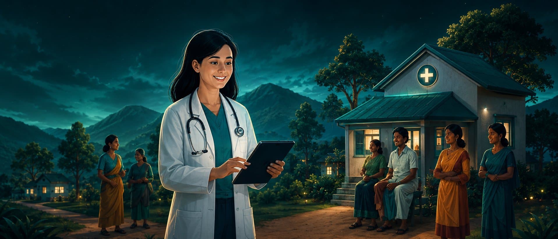 Community Medicine field doctor with tablet outside a rural clinic